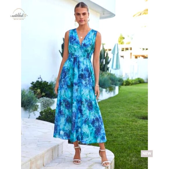 Sleeveless V-Neck Maxi Dress Floral Print Elastic Waist Wedding Guest - Picture 2 of 7
